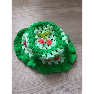 Handmade Crochet Bucket Hat Green Granny Square Cherry Applique Cottagecore Hat